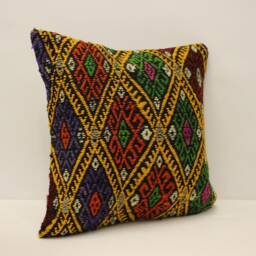 Vintage Turkish Kilim Pillow Cover, Bohemian Cushion, Wool Throw - 16x16 In - thumbnail 2