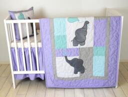 Baby Quilt, Elephant Blanket, Teal Purple Gray Crib Bedding, Safari Nursery - thumbnail 1