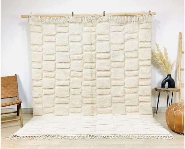 Moroccan Rug With Textured Block Pattern - Custom Beni Ourain Wool 3D Shag Carpet - image 1