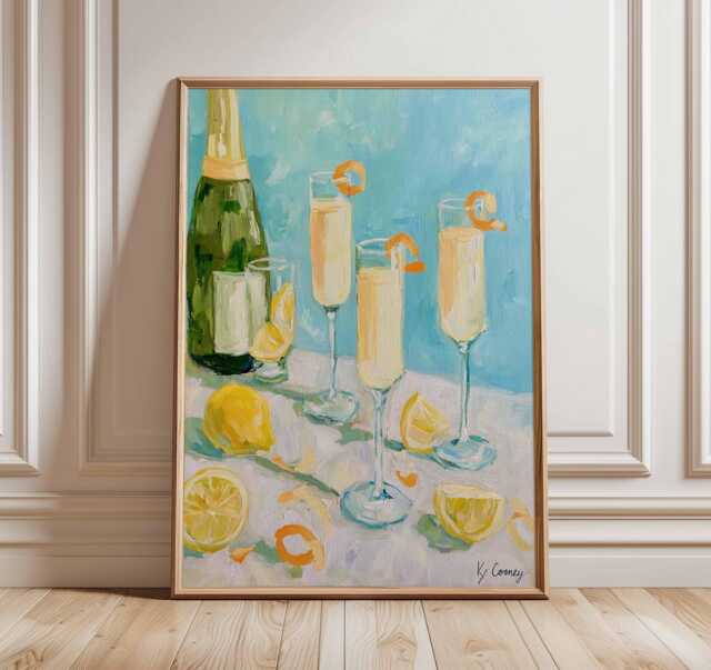 Mimosa Wall Art, Oil Painting, Champagne Brunch Print, Lemon Kitchen Decor Poster, Summer Cocktail Art, Bright Modern Wall - image 1