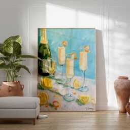Mimosa Wall Art, Oil Painting, Champagne Brunch Print, Lemon Kitchen Decor Poster, Summer Cocktail Art, Bright Modern Wall - thumbnail 2