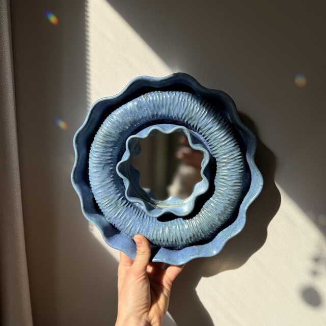 Blue Ceramic Flower Mirror, Wall Art, Boho Small Mirror For Bathroom Decor, Artistic Eclectic Funky Sculpture - image 1