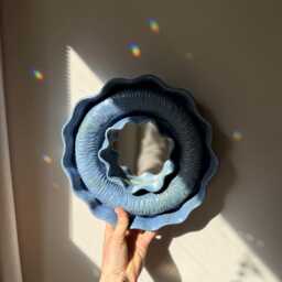Blue Ceramic Flower Mirror, Wall Art, Boho Small Mirror For Bathroom Decor, Artistic Eclectic Funky Sculpture - thumbnail 3