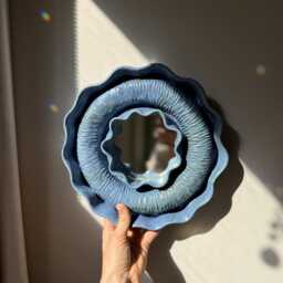 Blue Ceramic Flower Mirror, Wall Art, Boho Small Mirror For Bathroom Decor, Artistic Eclectic Funky Sculpture - thumbnail 1
