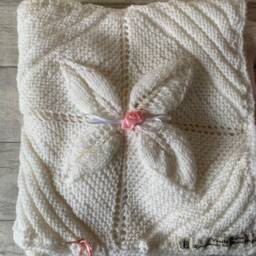 Knitted Baby Pram Blanket White With Pink Rosebuds - thumbnail 2