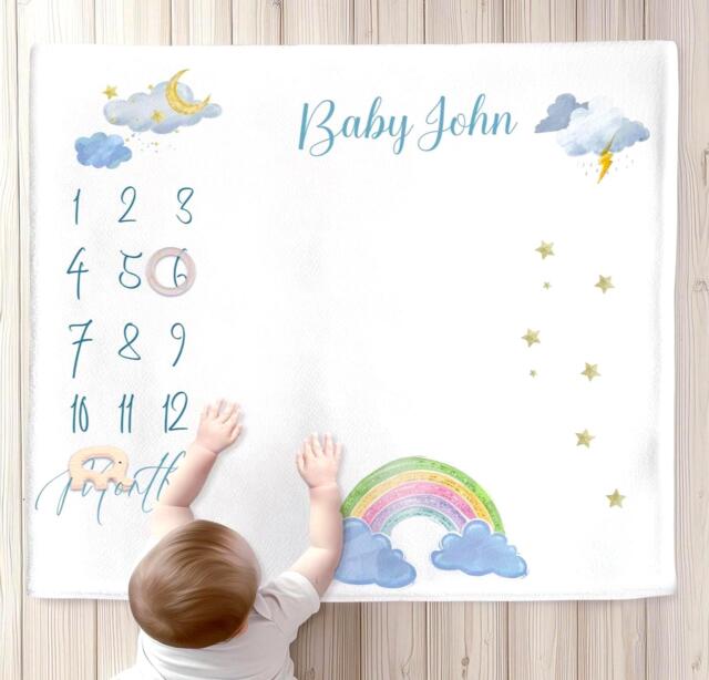 Personalised Weather Baby Milestone Blanket Marker, Rainbow Month Tracker. Custom New-Born Photography Prop, Soft Nursery Name Keepsake - image 1
