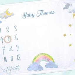 Personalised Weather Baby Milestone Blanket Marker, Rainbow Month Tracker. Custom New-Born Photography Prop, Soft Nursery Name Keepsake - thumbnail 2