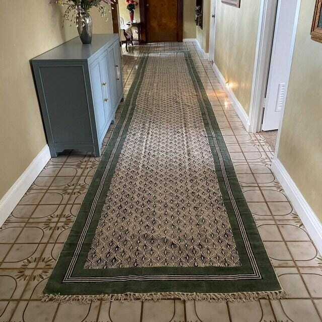 Green Block Print Cotton Runner Rug, Hand Woven Hallway - image 1