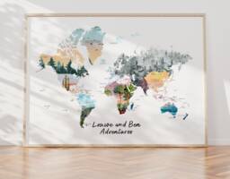 A1 Large Personalised Scratch Off Map Hand Drawn Watercolour World Atlas - Poster No Frame - thumbnail 1