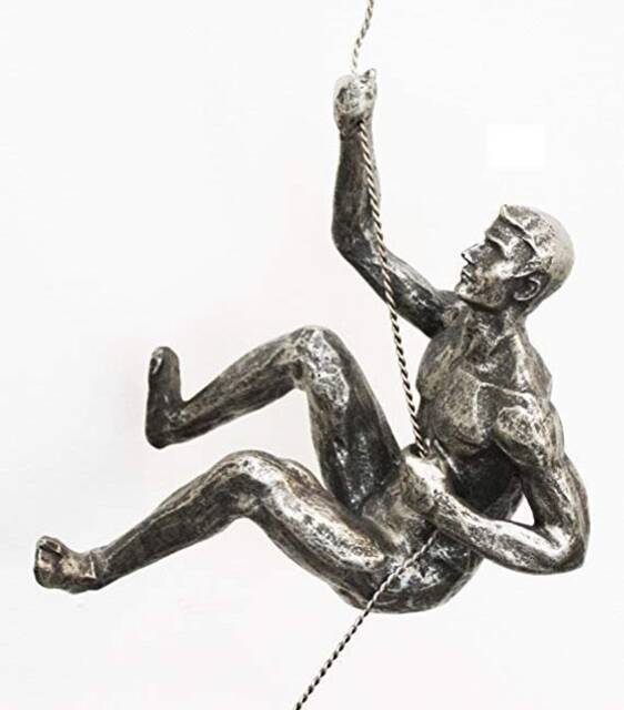 Large Antique-Silver Colour Climbing Abseiling Man Right Arm Up Hanging On Wire Ornament Figure Climber Wall Statue Rock - image 1