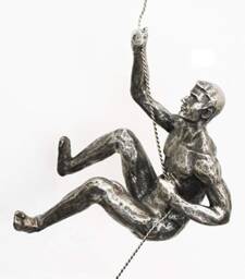 Large Antique-Silver Colour Climbing Abseiling Man Right Arm Up Hanging On Wire Ornament Figure Climber Wall Statue Rock - thumbnail 1