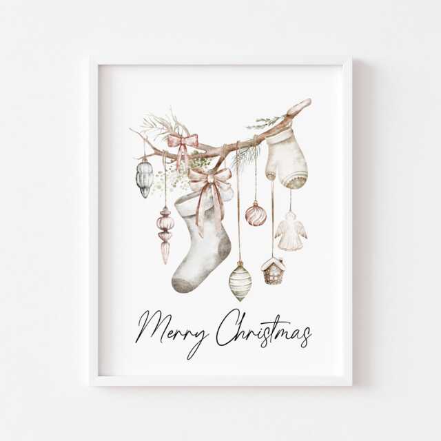 Christmas Print Watercolour Beige White Red Hanging Decorations Wall Art - Unframed - image 1