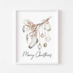 Christmas Print Watercolour Beige White Red Hanging Decorations Wall Art - Unframed - thumbnail 1