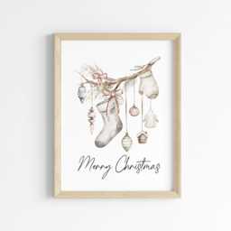 Christmas Print Watercolour Beige White Red Hanging Decorations Wall Art - Unframed - thumbnail 2
