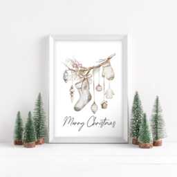 Christmas Print Watercolour Beige White Red Hanging Decorations Wall Art - Unframed - thumbnail 3
