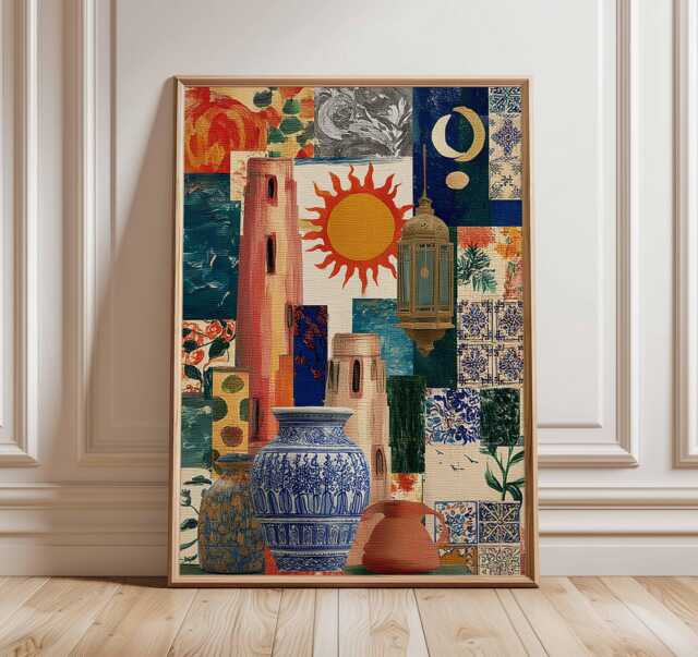 Mediterranean Collage Art Print, Terracotta Towers, Blue Pottery, Boho Home Decor - image 1