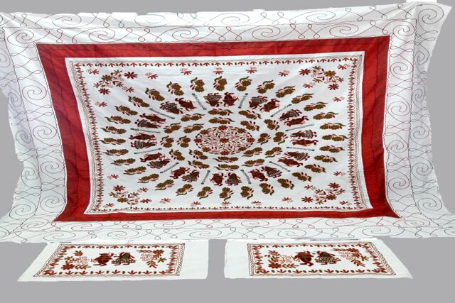 Indian Traditional Handmade Gujrati Embroidery Bedsheet With 2 Pillow Cover, Handmade Bed Sheet & Pillowcases Unique Hand Applique Design - image 1