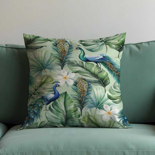 Tropical Peacock Cushion Cover, Exotic Botanical Throw Pillow Case, Jungle Leaf Floral Sofa Cushion, Luxury Home Decor - image 1