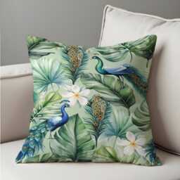 Tropical Peacock Cushion Cover, Exotic Botanical Throw Pillow Case, Jungle Leaf Floral Sofa Cushion, Luxury Home Decor - thumbnail 3