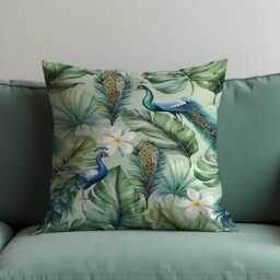 Tropical Peacock Cushion Cover, Exotic Botanical Throw Pillow Case, Jungle Leaf Floral Sofa Cushion, Luxury Home Decor - thumbnail 1