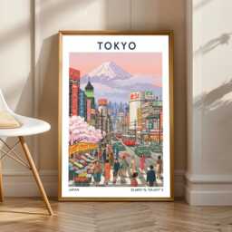 Tokyo Cityscape Poster Vintage Gouache Mount Fuji Art Print - thumbnail 1