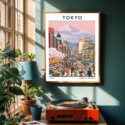 Tokyo Cityscape Poster Vintage Gouache Mount Fuji Art Print - thumbnail 2