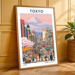 Tokyo Cityscape Poster Vintage Gouache Mount Fuji Art Print - thumbnail 3