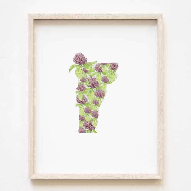 Vermont State Flower Map Watercolor Red Clover - Art Print Wall Graduation Wedding Realtor Moving Gift New England Floral - image 1