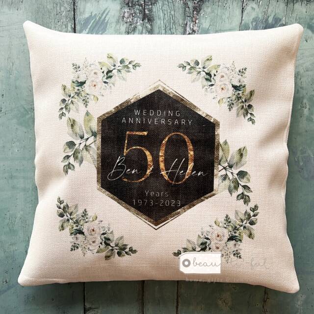 Personalised Wedding Anniversary Gift Golden Silver 25Th 50Th 1St Home Quote Eucalyptus Greenery Design Linen Style Cushion Cover