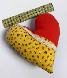 Vintage Denim Heart Pillow, Calico Floral, Farmhouse Basket Filler - thumbnail 1