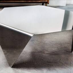 Hexagonal Polished Steel Coffee Table Minimal Industrial Sofa Table - thumbnail 3