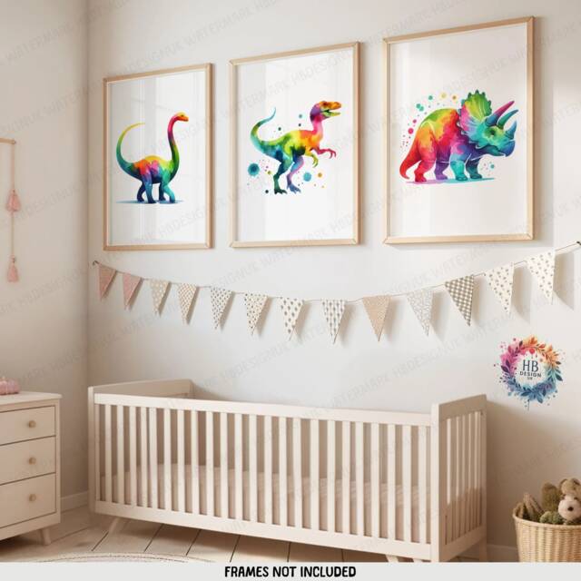 Colourful Dinosaur Wall Art - Set Of 3 Posters - Boys Bedroom Poster Nursery Dino Decor Childrens Prints Girls Kids Playroom Artwork - image 1