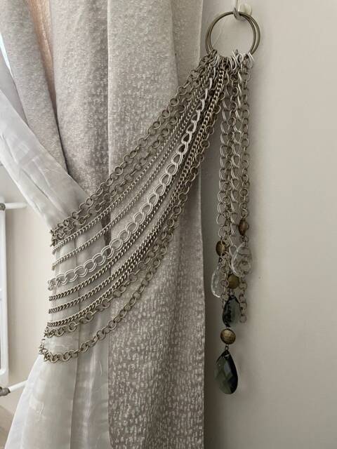 Set Of 2 X Curtain Tiebacks, Antiqued Bronze & Silver Chains - Drapery Holders With Crystal Pendants - image 1