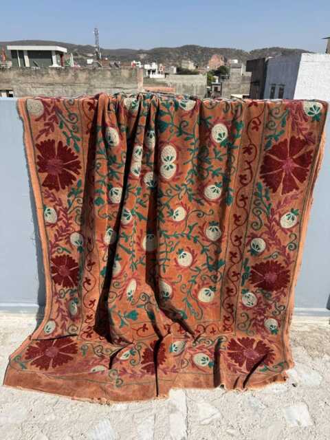Velvet Suzani Quilt - Hand Embroidered Floral Medallion Bedding - image 1
