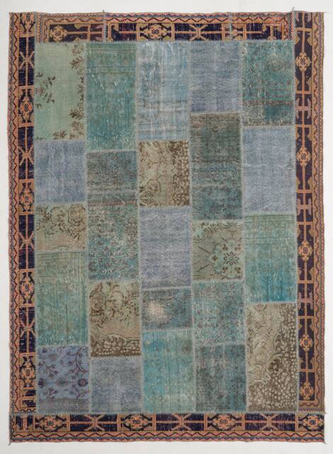 Handmade Turkish Patchwork Rug, Natural Blue & Brown - image 1