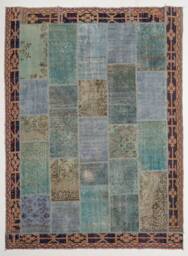 Handmade Turkish Patchwork Rug, Natural Blue & Brown - thumbnail 1