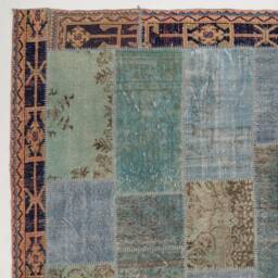 Handmade Turkish Patchwork Rug, Natural Blue & Brown - thumbnail 4