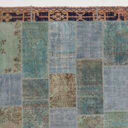 Handmade Turkish Patchwork Rug, Natural Blue & Brown - thumbnail 3