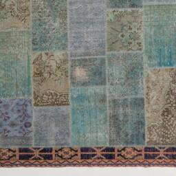 Handmade Turkish Patchwork Rug, Natural Blue & Brown - thumbnail 2