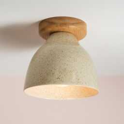 Speckled Cream Gloss Element Flush Mount Ceiling Light in Ceramic & Oak - thumbnail 1