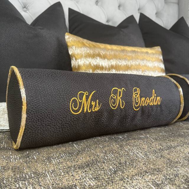 "Black & Gold Personalised Cushion Bolster 16"" X 6" - image 1