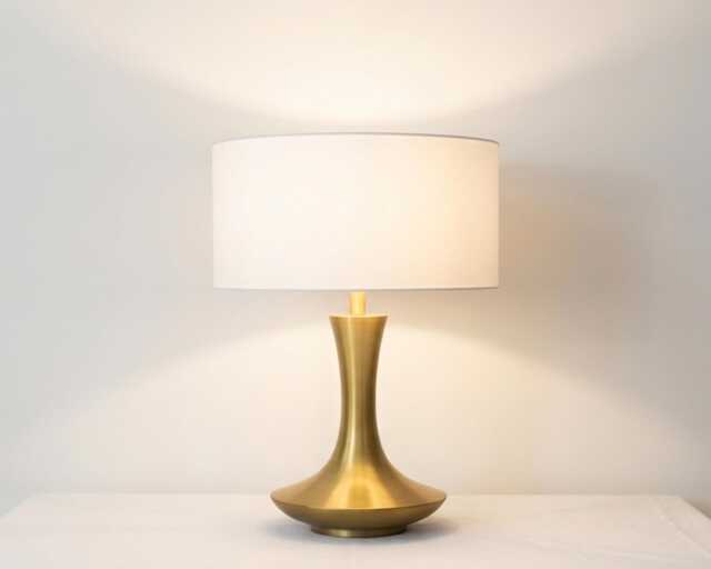 Table Lamp - Luxury Brushed Gold With Elegant Tulip Base & Linen Drum Shade - Modern Glam Bedside Accent Lighting - image 1