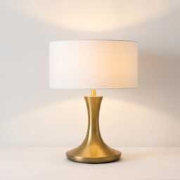 Table Lamp - Luxury Brushed Gold With Elegant Tulip Base & Linen Drum Shade - Modern Glam Bedside Accent Lighting - thumbnail 3