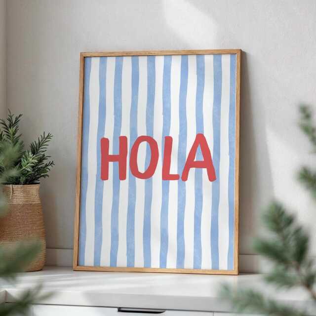 Hola Kitchen Stripey Wall Art Print, Trendy Spanish Typography Poster, Fun Blue Striped Home Decor, Aesthetic Modern Print - image 1
