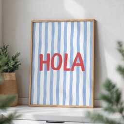 Hola Kitchen Stripey Wall Art Print, Trendy Spanish Typography Poster, Fun Blue Striped Home Decor, Aesthetic Modern Print - thumbnail 1