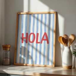 Hola Kitchen Stripey Wall Art Print, Trendy Spanish Typography Poster, Fun Blue Striped Home Decor, Aesthetic Modern Print - thumbnail 2