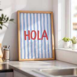 Hola Kitchen Stripey Wall Art Print, Trendy Spanish Typography Poster, Fun Blue Striped Home Decor, Aesthetic Modern Print - thumbnail 3