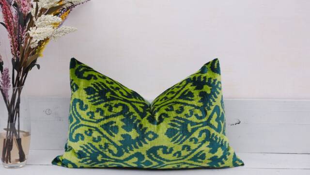Handmade Silk Velvet Ikat Pillow Cover, Green Accent Cushion - image 1