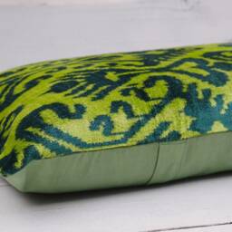 Handmade Silk Velvet Ikat Pillow Cover, Green Accent Cushion - thumbnail 3