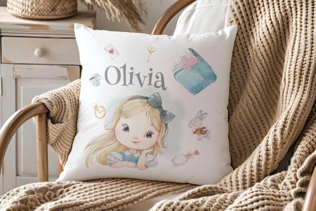 Personalised Alice in Wonderland Cushion, Girls Bedroom Pillow, Nursery Decor - image 1